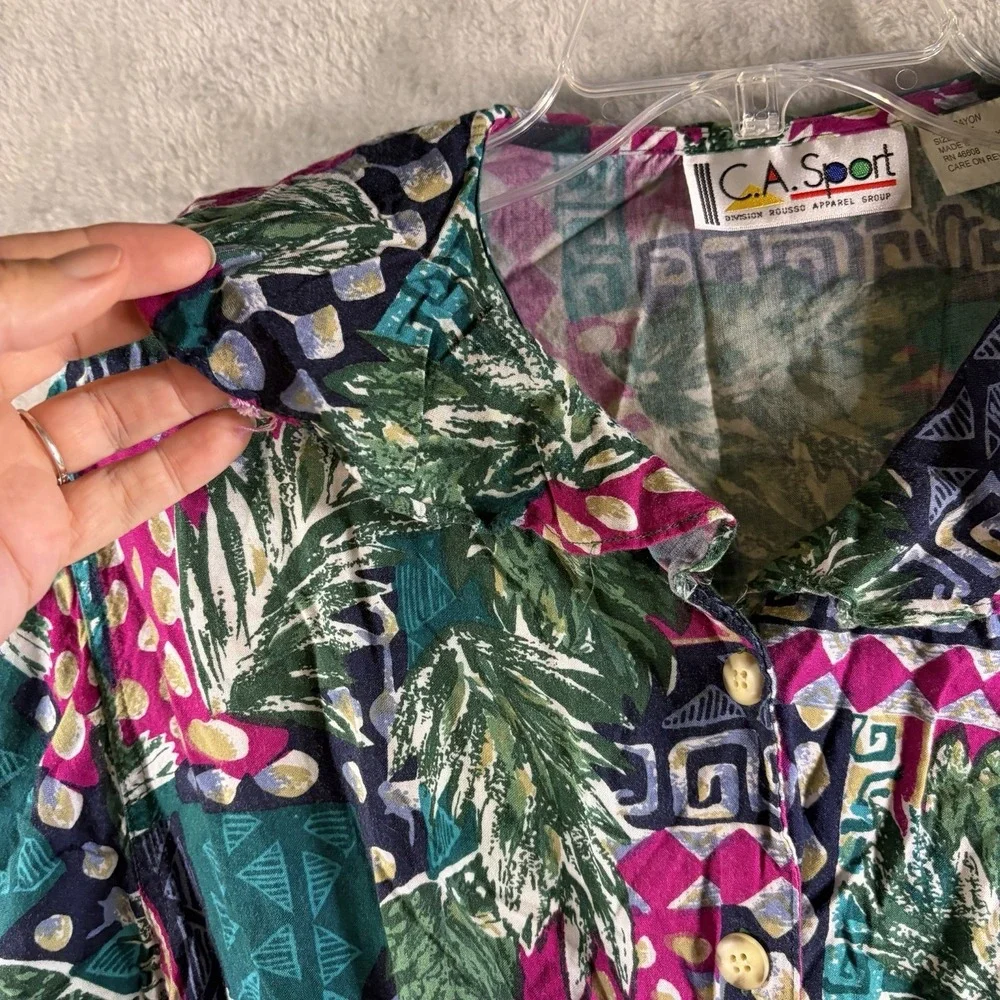 Vintage 90s CA Sport Tropical Romper Sz M Rayon Button Front Elastic Waist